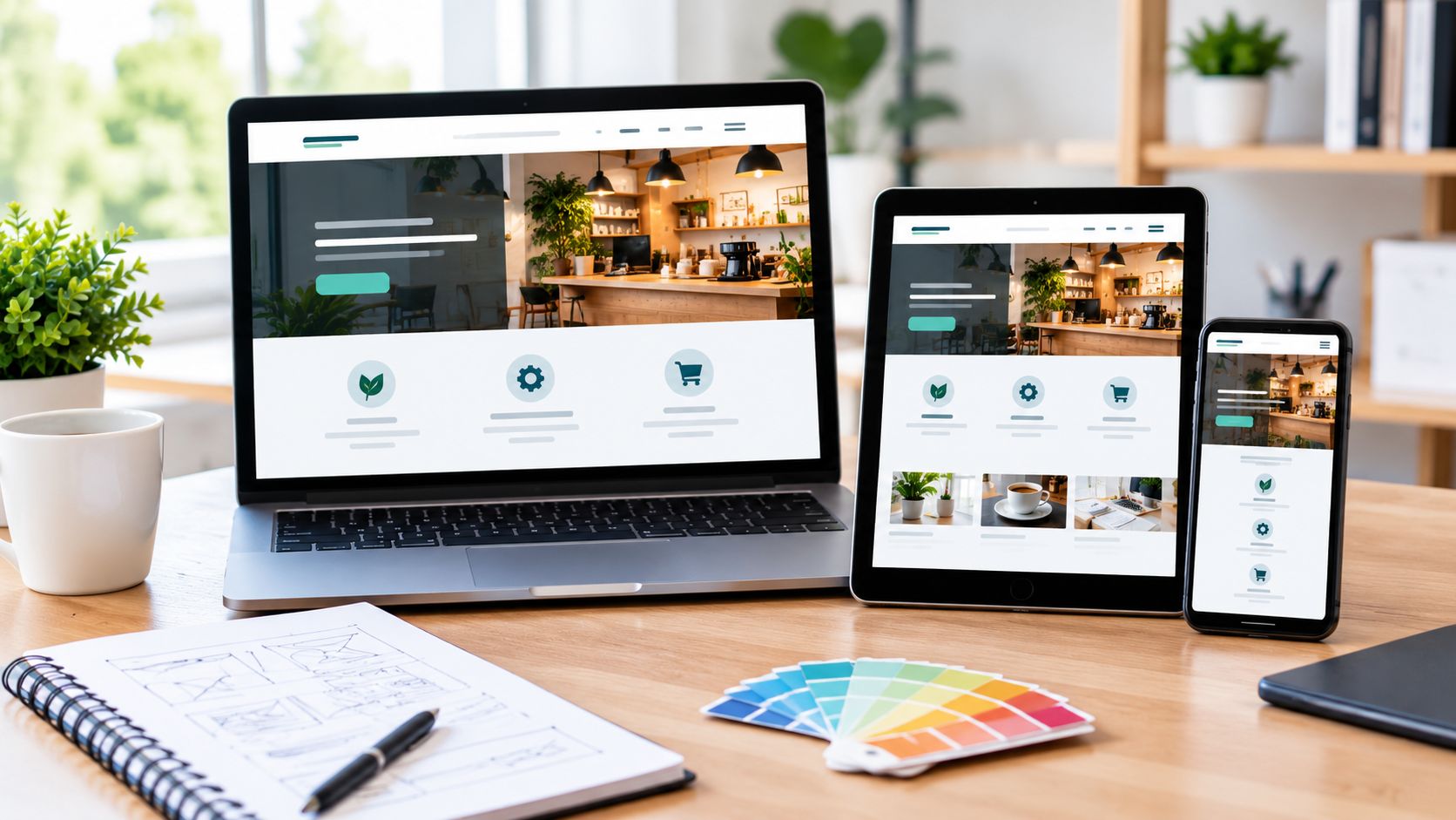 Responsive small business website design displayed on laptop, tablet and smartphone